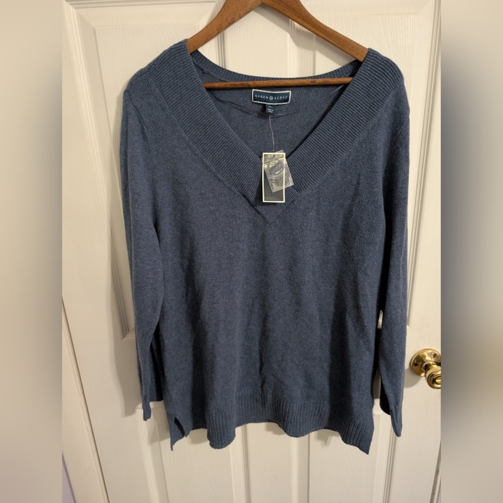 New Karen Scott Womens Sweater Blue V Neck Pullover Long Sleeve Size XL Cotton